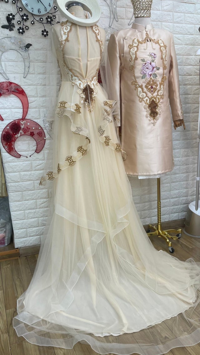 Traditional Vietnamese Wedding Ao Dai in nude cream with beaded lace ...
