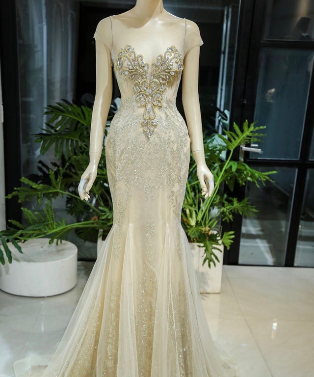 Gold beaded bodice trumpet wedding/evening dress with glitter tulle ...