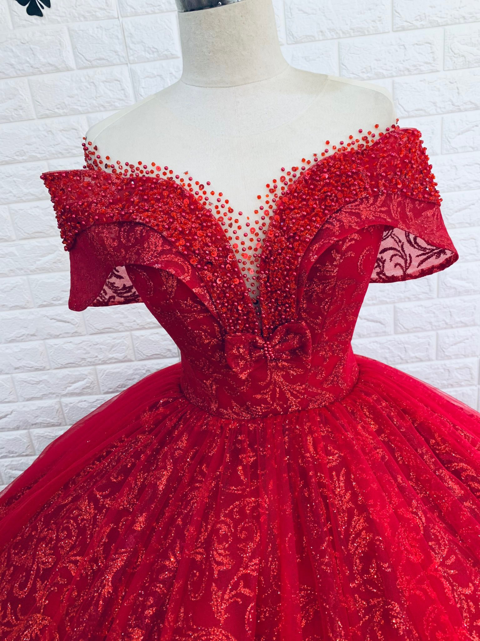 Passion - Queen sleeves red sparkle ball gown wedding dress with beadings, glitter tulle train - various styles