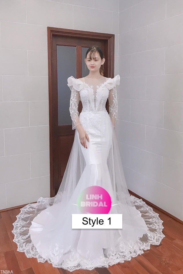 Classic 2 in 1 long sleeve white lace applique trumpet wedding dress ...