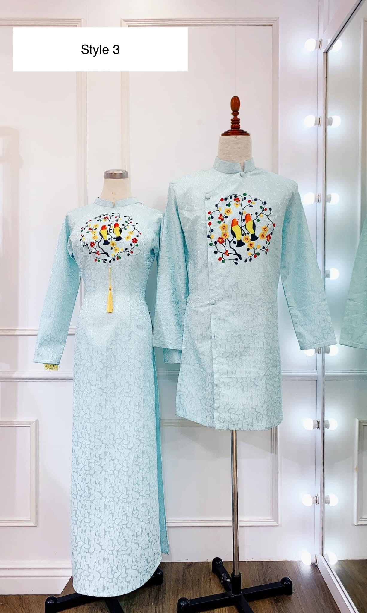Blue/Navy Vietnamese Wedding Ao Dai with hand drawn or embroidered patterns  - optional head piece - couple or single