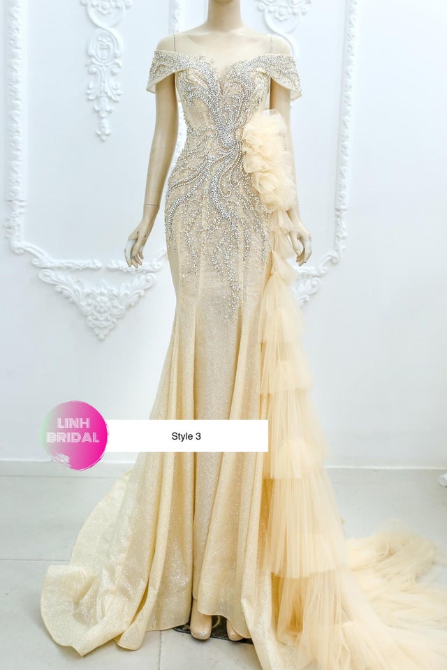 Sexy nude gold beaded bodice trumpet wedding/evening dress with watteau ...