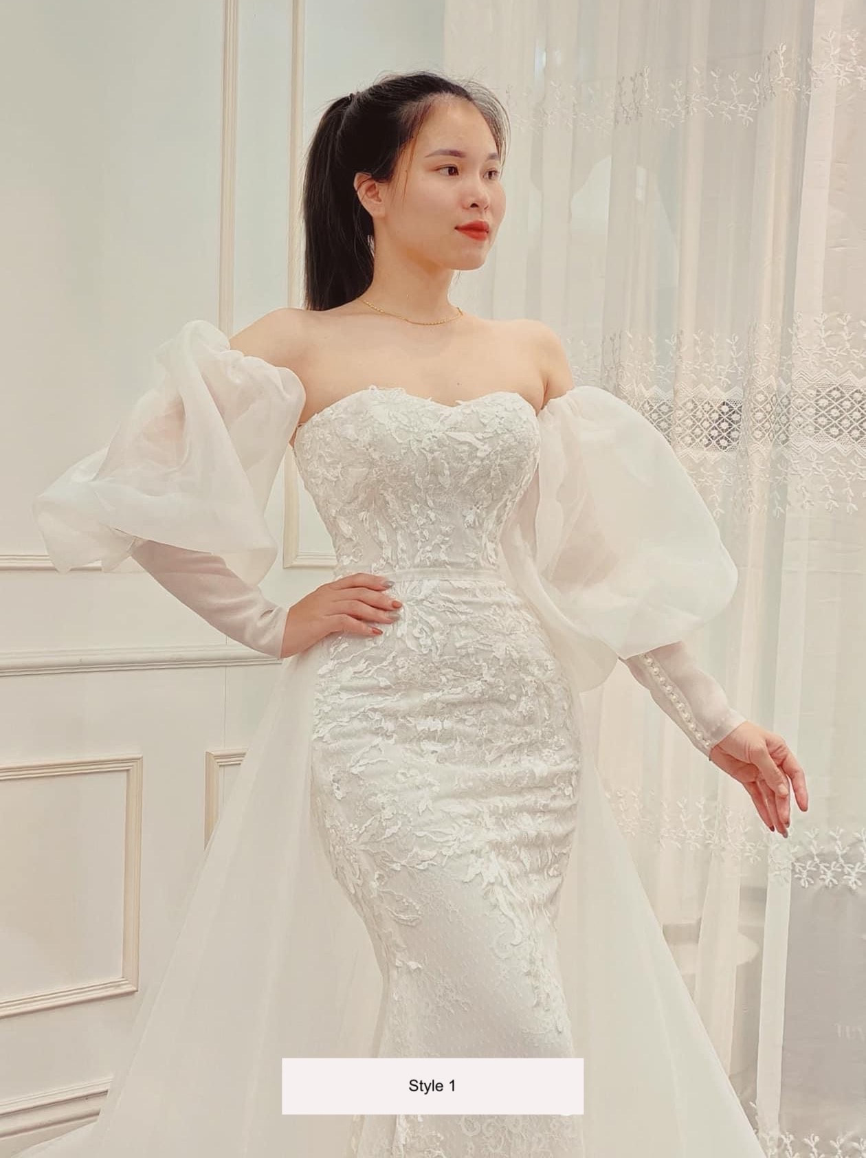 Various sleeve length white lace mermaid wedding dress with detachable ...